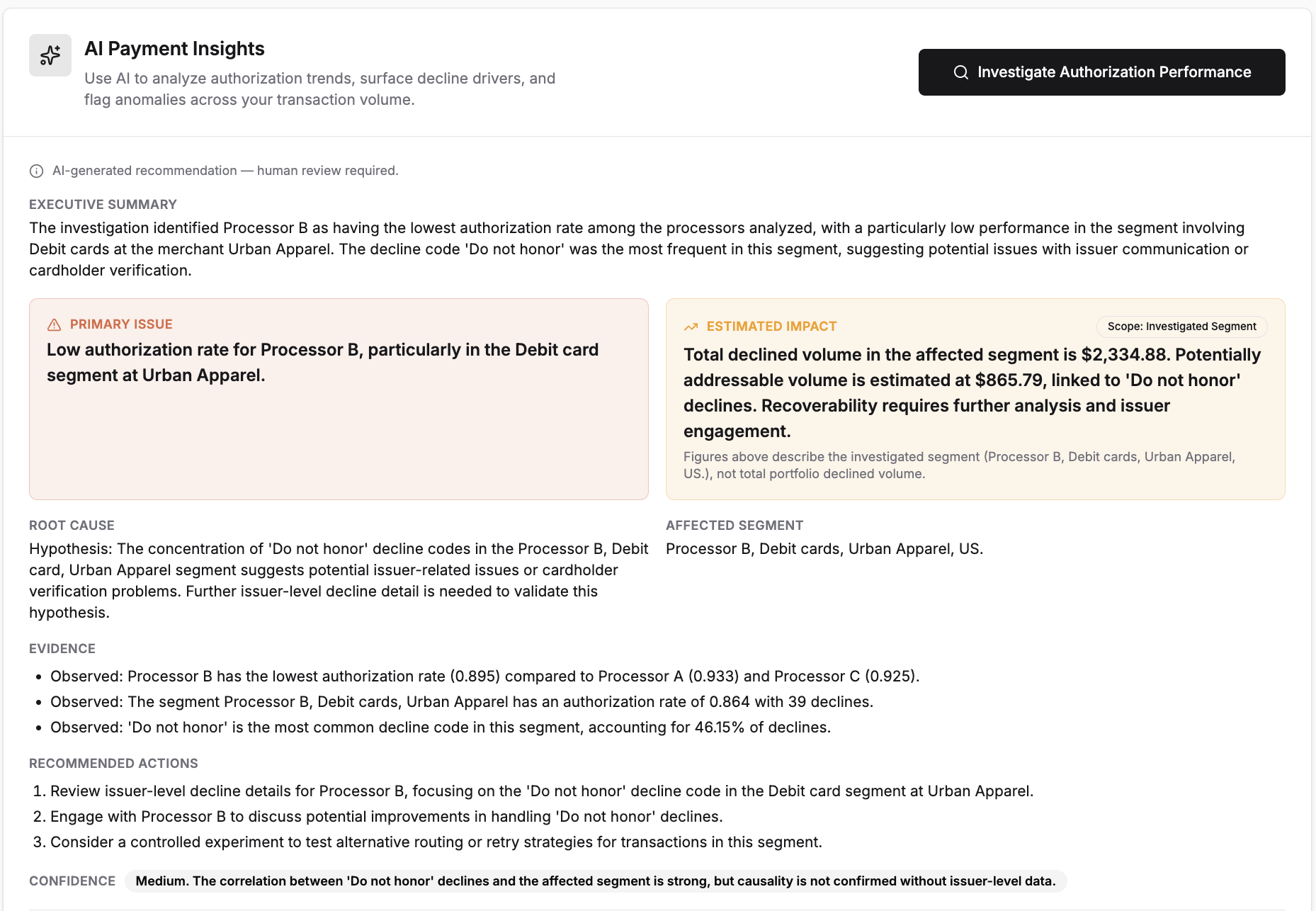 AI Payment Insights executive summary with primary issue, estimated impact and recommended actions